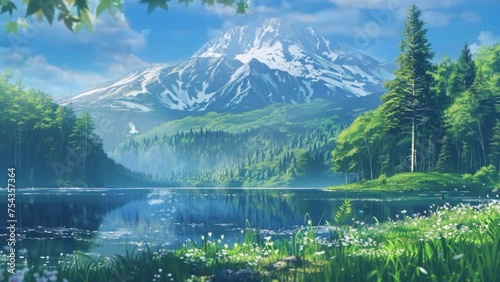 Views of mountains with calm rivers flowing through green valleys, and butterflies brightening the atmosphere with their graceful presence. seamless looping time lapse animated video background
 photo