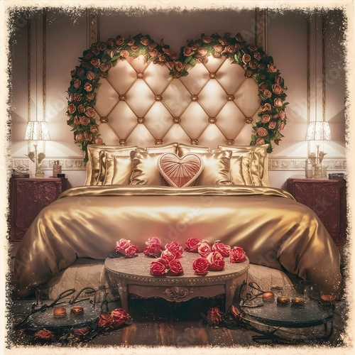 Romantic beautiful luxury bed decoration with heart pillow light lamp and rose flower in bedroom interior