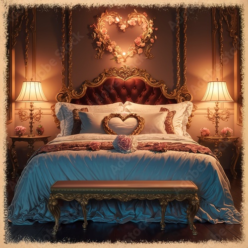 Romantic beautiful luxury bed decoration with heart pillow light lamp and rose flower in bedroom interior