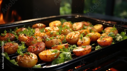 Steaming baby potatoes sizzle on the grill, seasoned and aromatic.