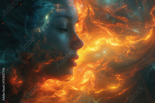 Abstract woman and minfulness with colorful smoke background. Generative ai. photo