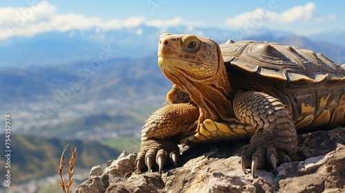 Serene turtle rests on a rock, with a backdrop of clear skies and distant hills. © suryanto