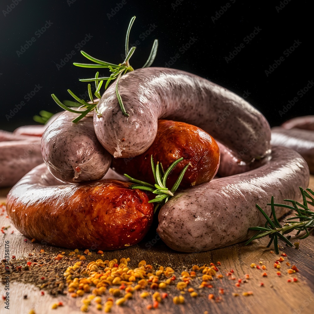 Sausages with spices and rosemary on the table. On a black background