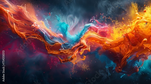 High speed photography captures the lively dance of multicolored paint splashing in water photo