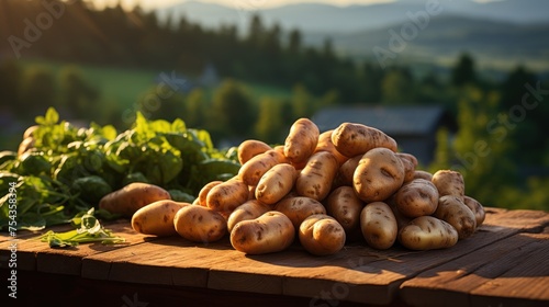 Rustic sack overflowing with potatoes on a wooden table against a hilly, photo