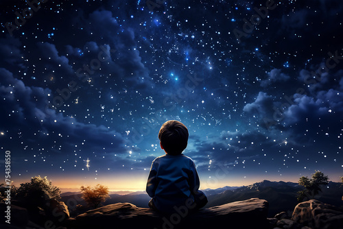 boy looking at the night sky Generative Al