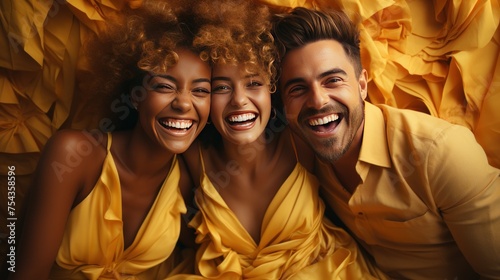 Set of happy people with mobile phones taking selfie on color background