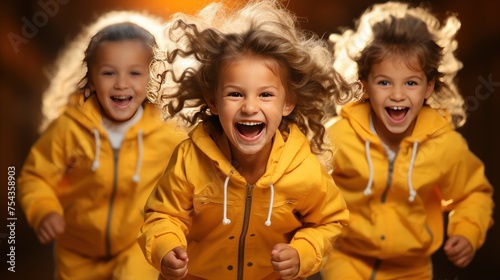Set of jumping little children on yellow background