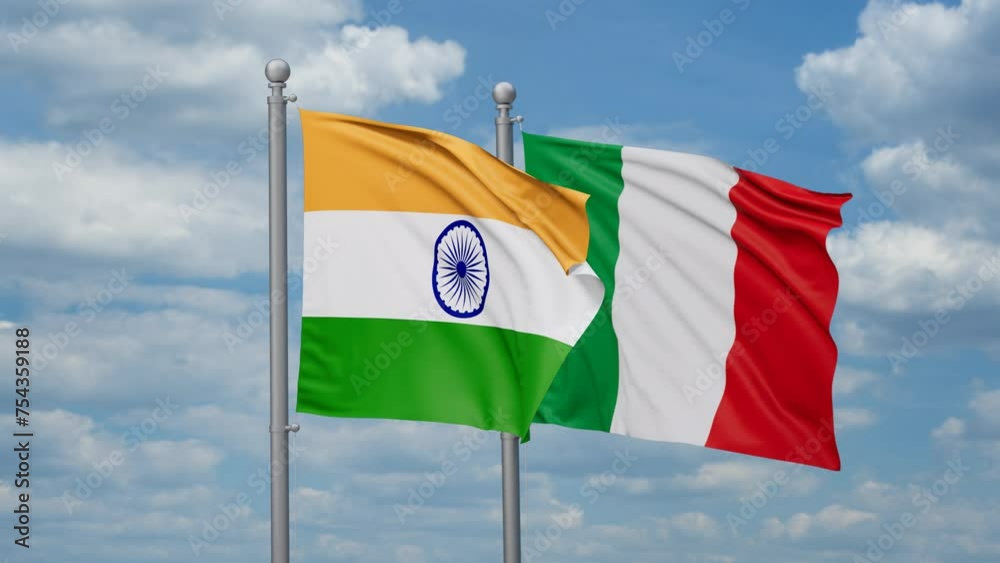 Italy and India two flags waving together, looped video, two country cooperation concept Italy and India two flags waving together, looped video, two country cooperation concept