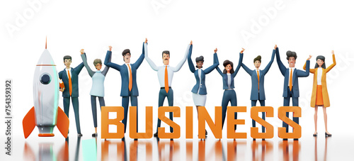 Team of Business people rising hands up as winners and staying next to BUSINESS word, 3D rendering illustration at white with copy space 