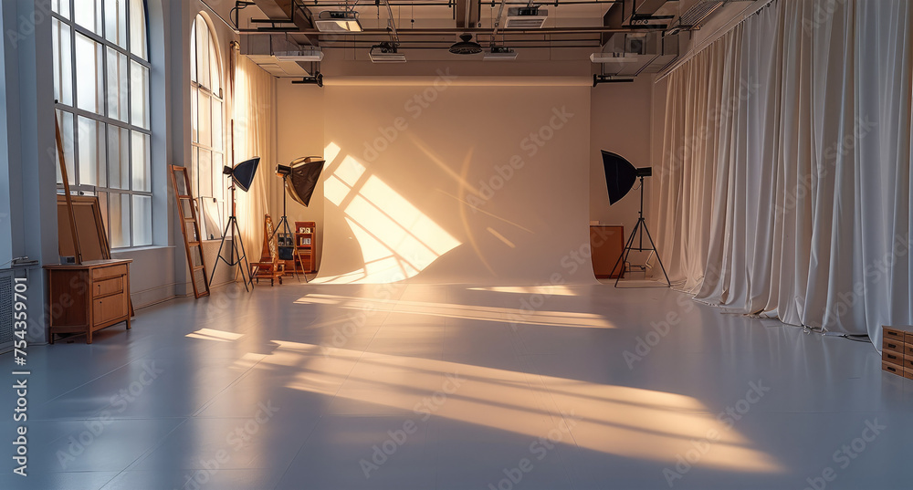 Professional photo studio with shadowless wall, photography equipment, lighting tripod, photography props on display. Generative AI. - obrazy, fototapety, plakaty 