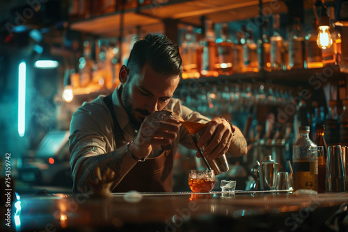 Frame the shot to showcase the bartender's intense concentration as they meticulously measure ingredients, with soft focus on the surrounding bar elements, maintaining a minimalist