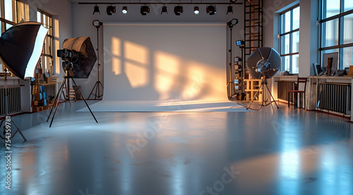 Professional photo studio with shadowless wall, photography equipment, lighting tripod, photography props on display. Generative AI. photo
