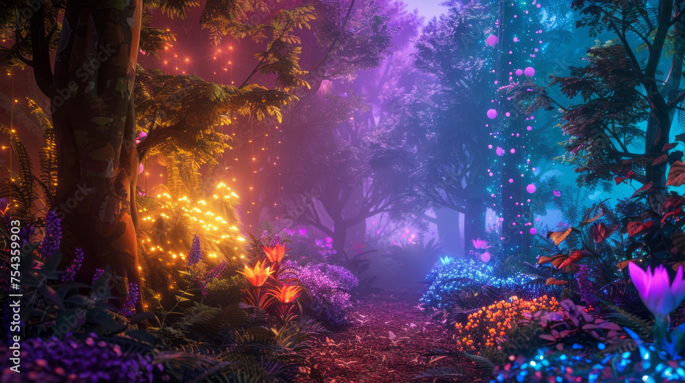 Unusual magical forest plants illuminated by light