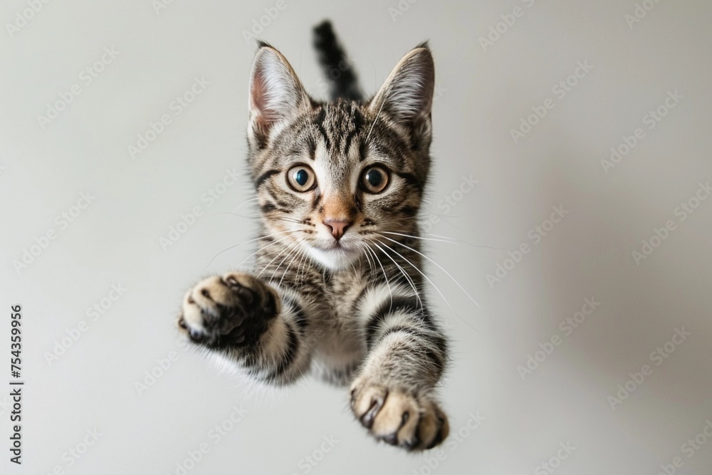 Obraz premium tabby cat in mid-air during a jump, with its limbs extended outward and eyes wide open, indicating alertness or playfulness. The background is a gradient of grey to white, 