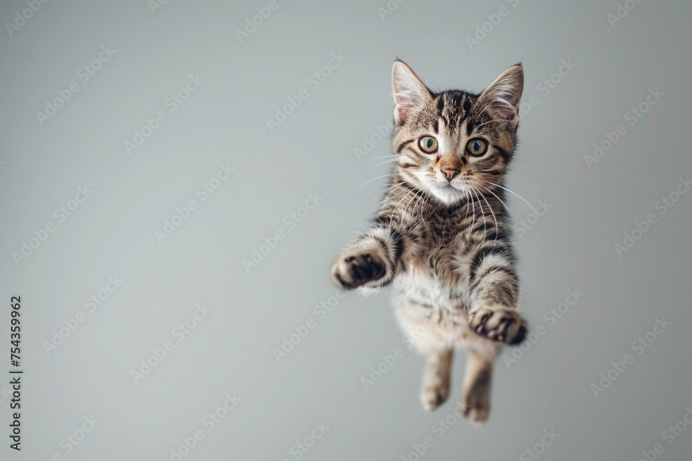 Obraz premium tabby cat in mid-air during a jump, with its limbs extended outward and eyes wide open, indicating alertness or playfulness. The background is a gradient of grey to white, 