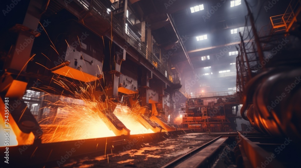 Industrial Steel Mill at Work with Molten Metal