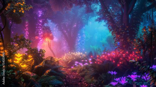 Unusual magical forest plants illuminated by light