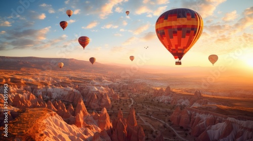 Hot Air Balloons Floating at Sunrise Over Scenic Landscape