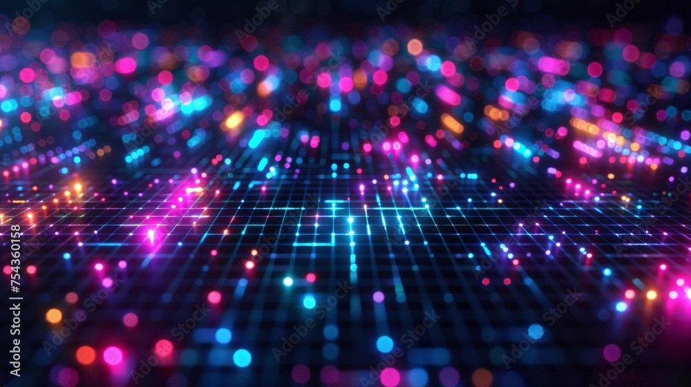 A dense neon pixel grid in vibrant colors. A dense neon pixel grid in vibrant colors.