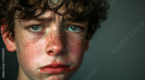 a realistic portrait photo of a young guy pretty ashamed with red cheeks.