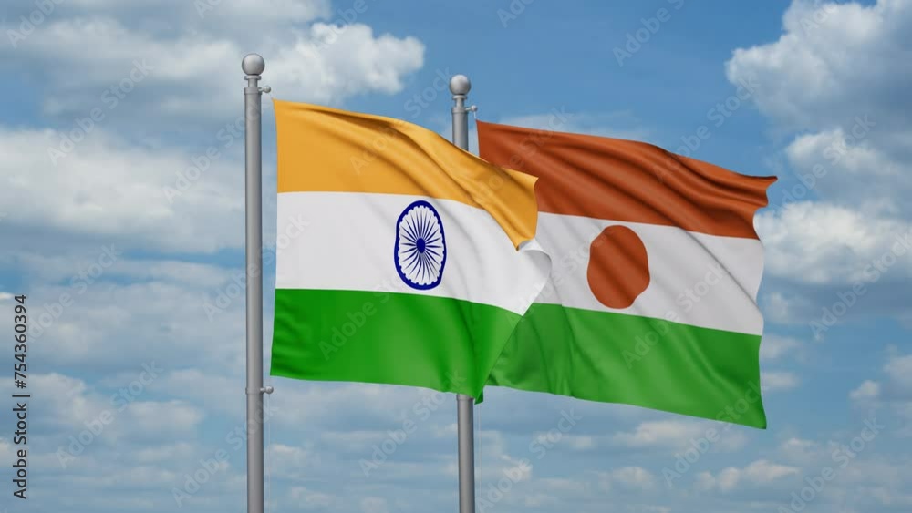 Niger and India two flags waving together, looped video, two country relations concept Niger and India two flags waving together, looped video, two country relations concept