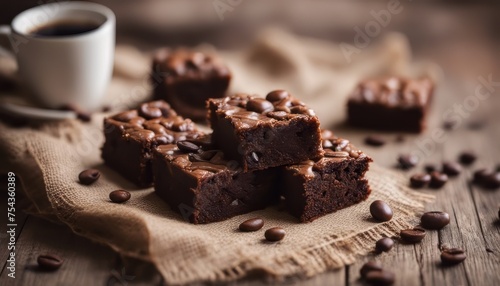 photo chocolate brownies on sackcloth and coffee beans on a wooden table