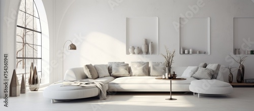 A bright living room featuring a large white couch as the focal point. The room is filled with natural light, casting shadows on the elegant furniture and decor.