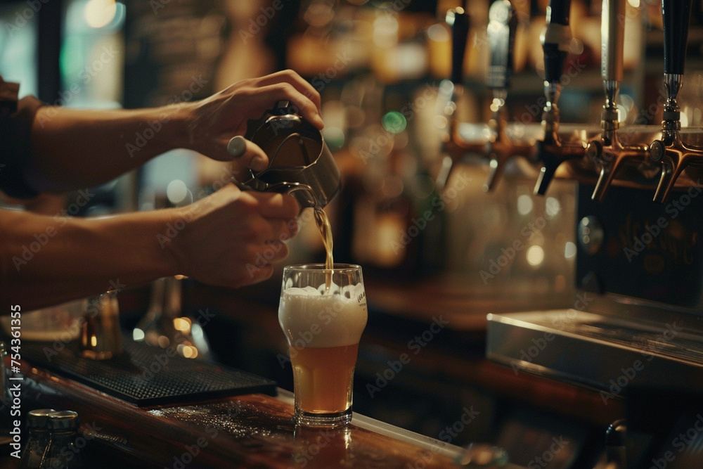 Close-up of the bartender's hands gracefully pouring beer into a glass, showcasing the elegant simplicity of the act.