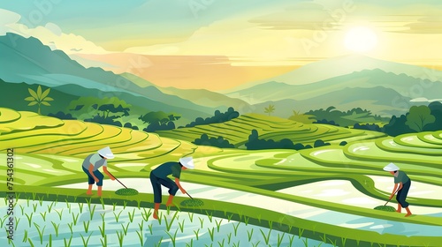 Thailand. Rice terraces agricultural sceneries. Rice fields with asian farmers. Vector illustration. People planting and grow rice in rainy season. photo