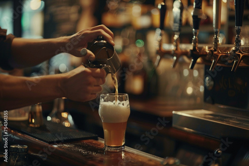 Close-up of the bartender s hands gracefully pouring beer into a glass  showcasing the elegant simplicity of the act.