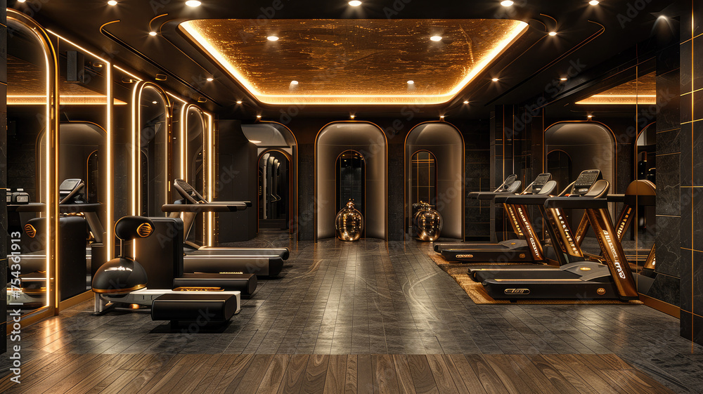 Interior design, luxury gym with a black and gold theme, featuring ...