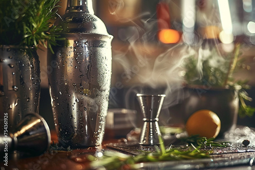Zooming in on the intricate details of a barman's tools - a shaker glistening with condensation, a muddler crushing fresh herbs, and a jigger poised for precise measurement photo