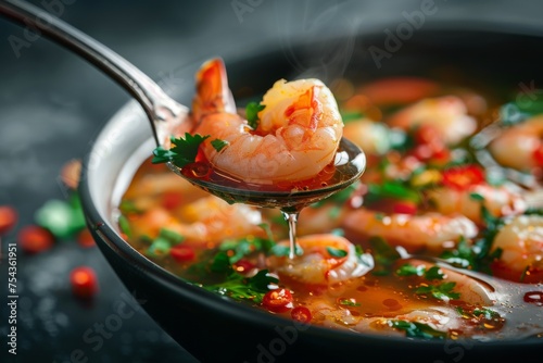 Tom Yum Kung with steam rising softly.
 photo