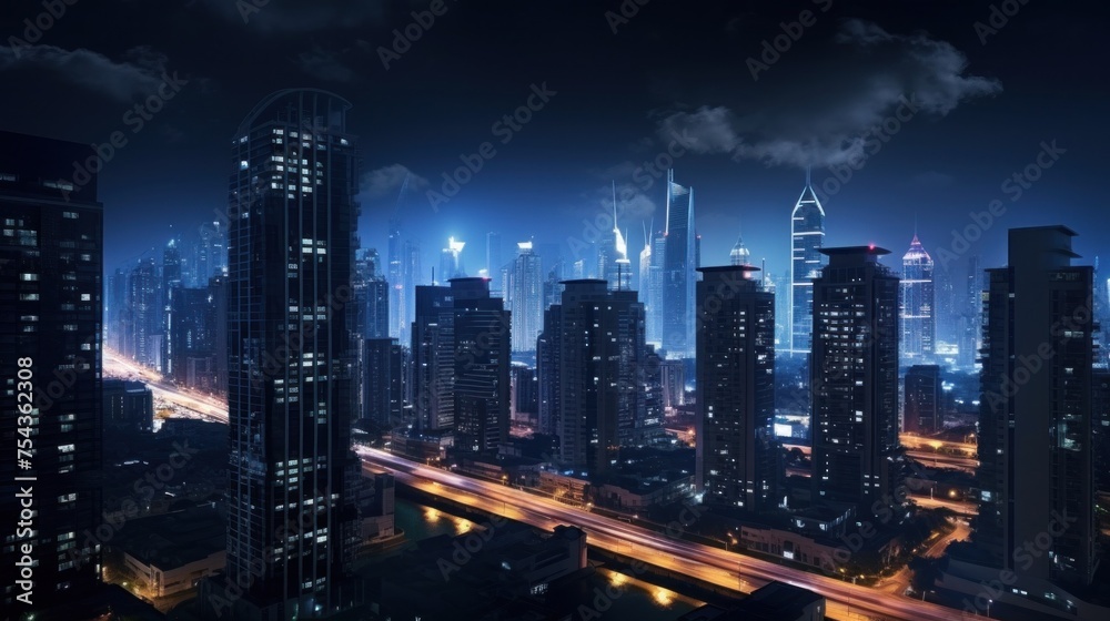 Urban Nightscape Glowing Skyscrapers in the Dark