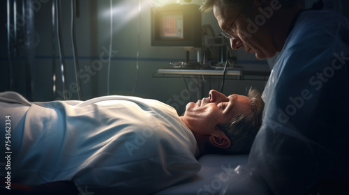in a hospital bed, the soul flies out of the patient's body, the doctor saves the patient contemporary realism photorealistic defocus 