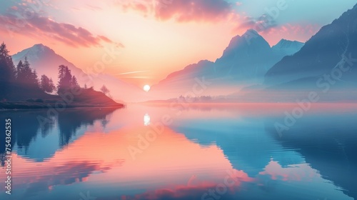 A beautiful mountain lake with a pink and orange sunset in the background