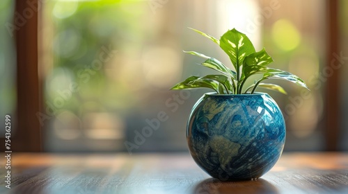 Green plant in a blue globe-shaped vase, Donate Life through eco-friendly actions