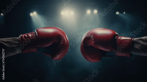 Red Boxing Gloves Clash in Dark Ring © Polypicsell