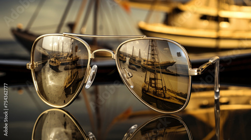Sunglasses Floating on Water Reflecting Sailing Boat