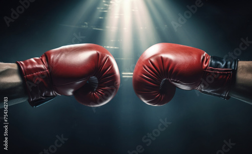 Red Boxing Gloves Clash in Dark Ring © Polypicsell