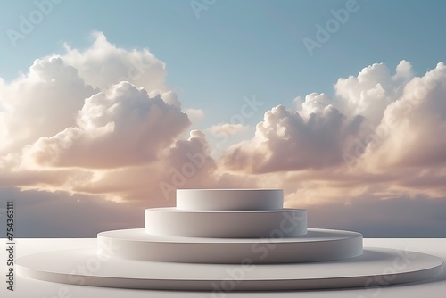 White podium for product presentation with clouds in the sky