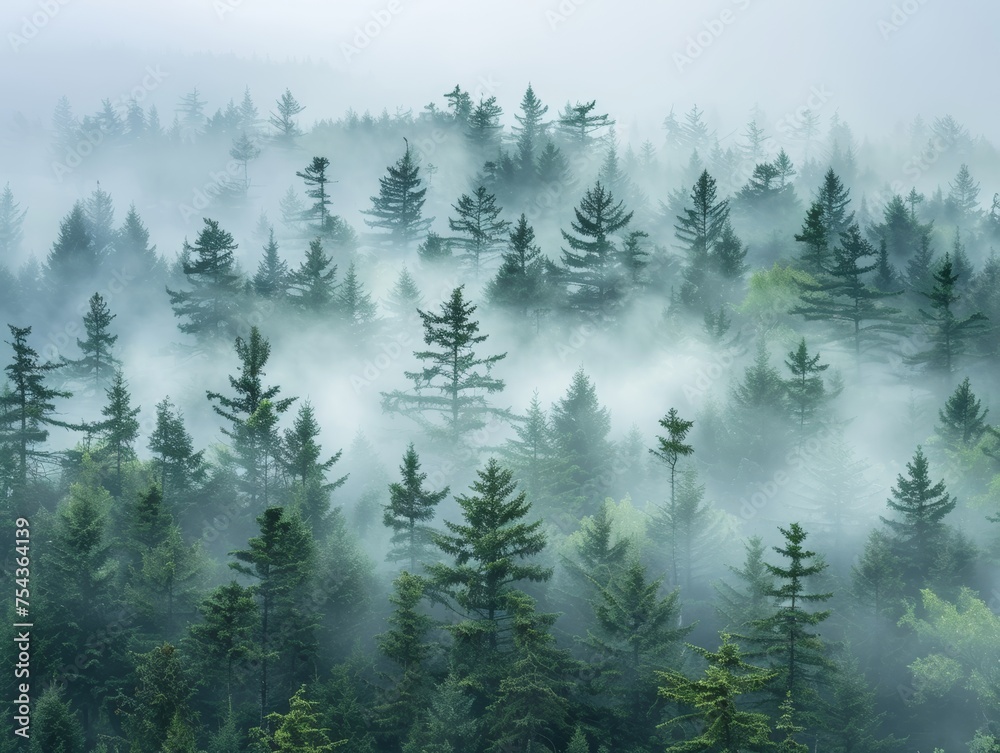A dense forest with a thick fog covering the trees