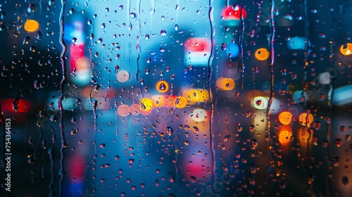 A close-up of raindrops on a window with neon city lights.