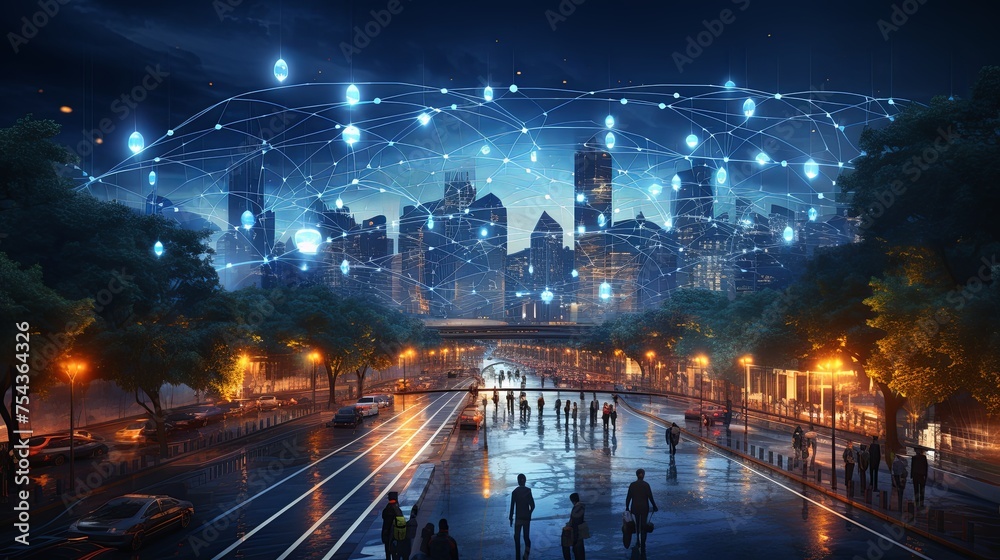 Abstract night city map with technology network big data connection lines futuristic invention background