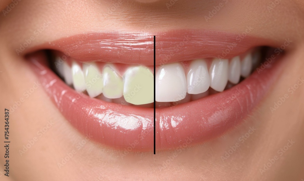 Before and after teeth bleaching or whitening treatment. Close-up of young Caucasian female's  - obrazy, fototapety, plakaty 