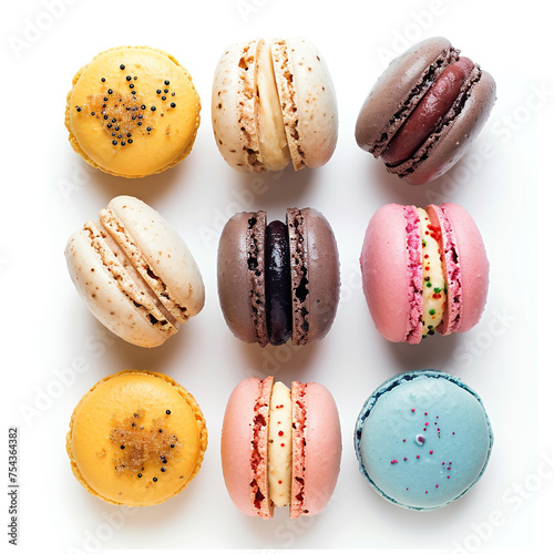 Colorful macarons isolated on white background in minimalist style. Studio photography.  