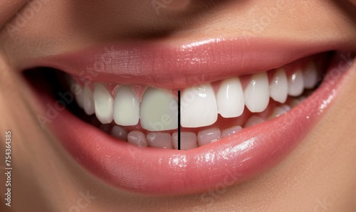 Before and after teeth bleaching or whitening treatment. Close-up of young Caucasian female's 