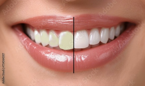 Before and after teeth bleaching or whitening treatment. Close-up of young Caucasian female's 