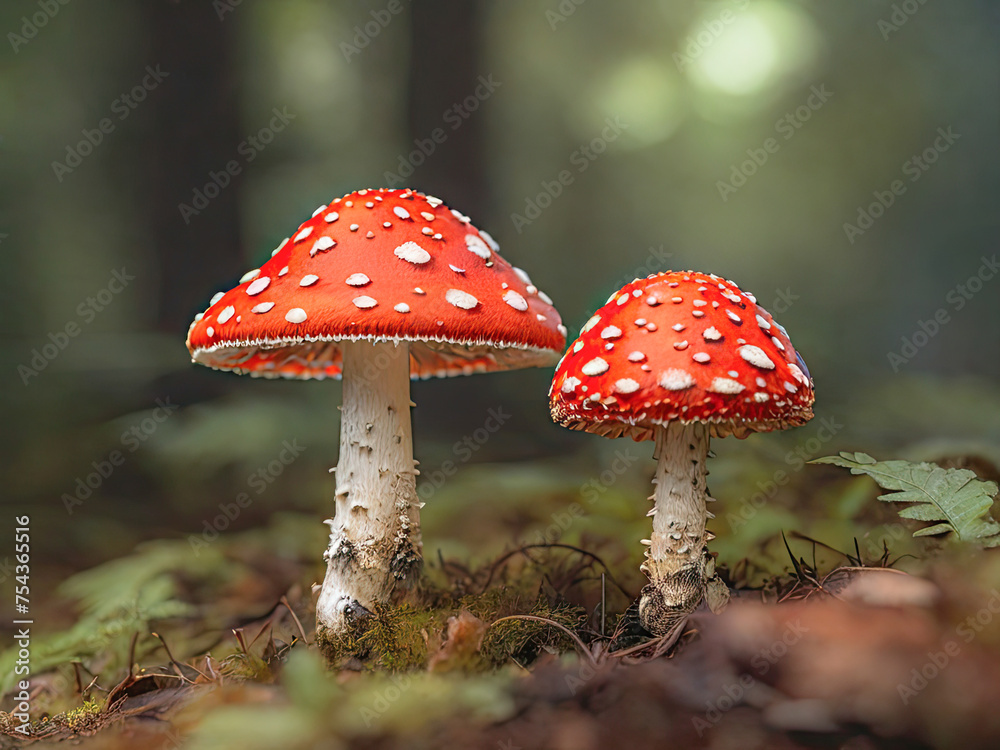 fly agarics in the forest on autumn foliage